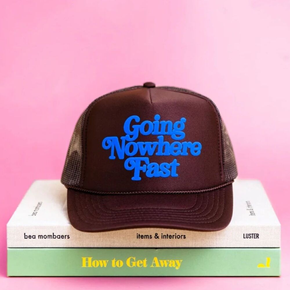 Ascot + Hart Going Nowhere Fast Trucker Hat in Brown and Blue - Like New